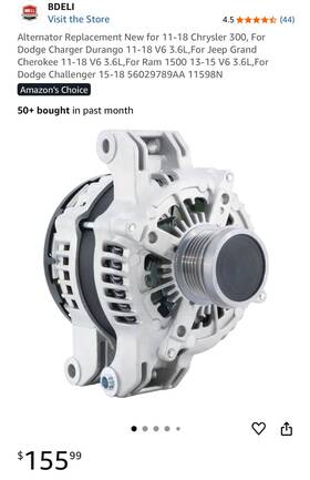 B18931 Bdeli Alternator 11-18 Chrysler 300 V6 3.6l Dodge Charger Durango Grand Cherokee