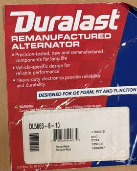 Dl5663-6-10 Duralast Nib Reman Alternator Dl5663610. 2017 2021 Ford Transit 150 250 350 250a Dl5663-6-10 Duralast Nib Reman Alternator Dl5663610. 2017 2021 Ford Transit 150 250 350 250a