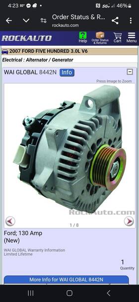 Hes304354 Ford 2007 Five Hundred 3.0l V6 Wai Global Alternator 8442n 130 Amp New