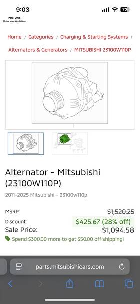 23100w110p Mitsubishi 2011-2025 Outlander 2.4l Alternator P#23100w110p